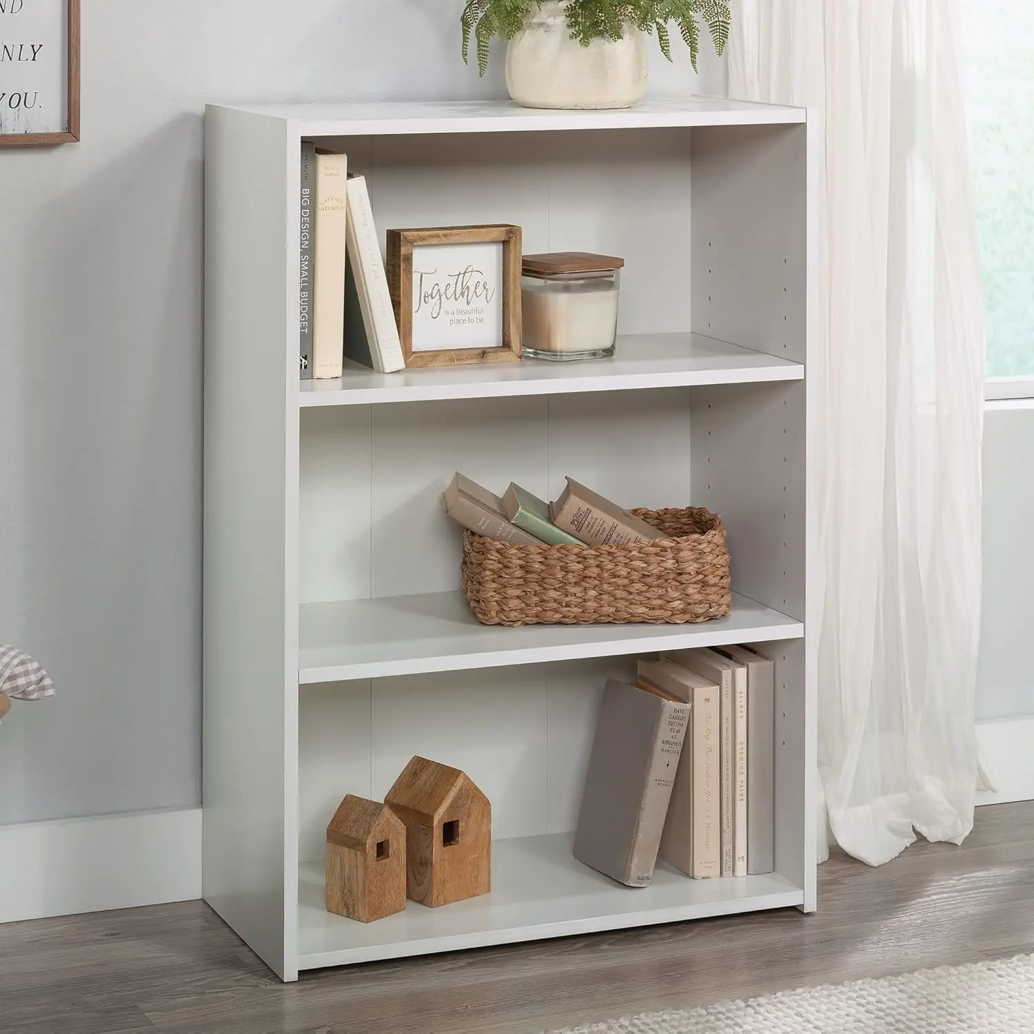 Adjustable 3-Shelf Bookcase in Soft White Finish, Engineered Wood Construction
