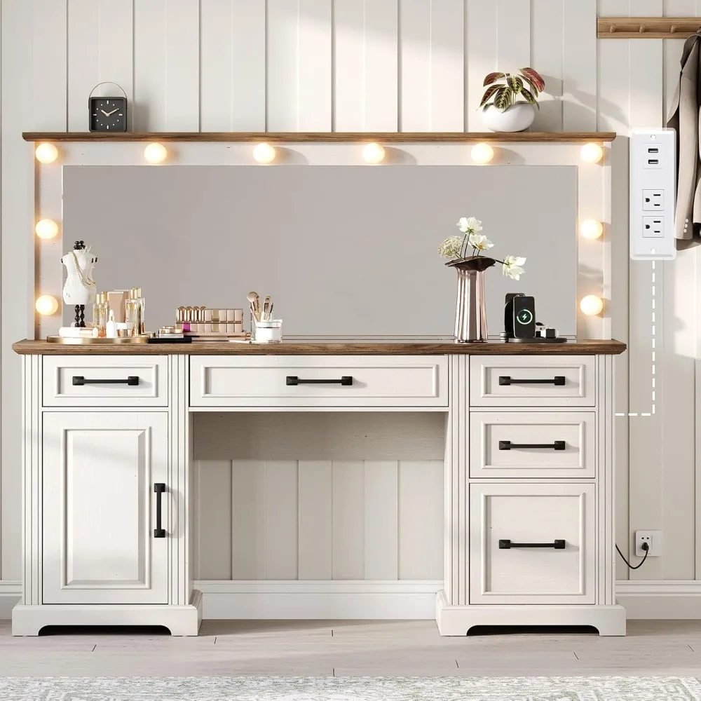 

55" Farmhouse Vanity Desk with Large Mirror & Lights, Glass Top Large Makeup Vanity Table with 10 Hollywood Lights Bulbs.