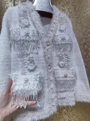 New In Beaded Crystal Tassel Autumn Winter Thick Warm Sweater Coat Women Long Sleeve Single Breasted Knitwear Cardigan Jacket