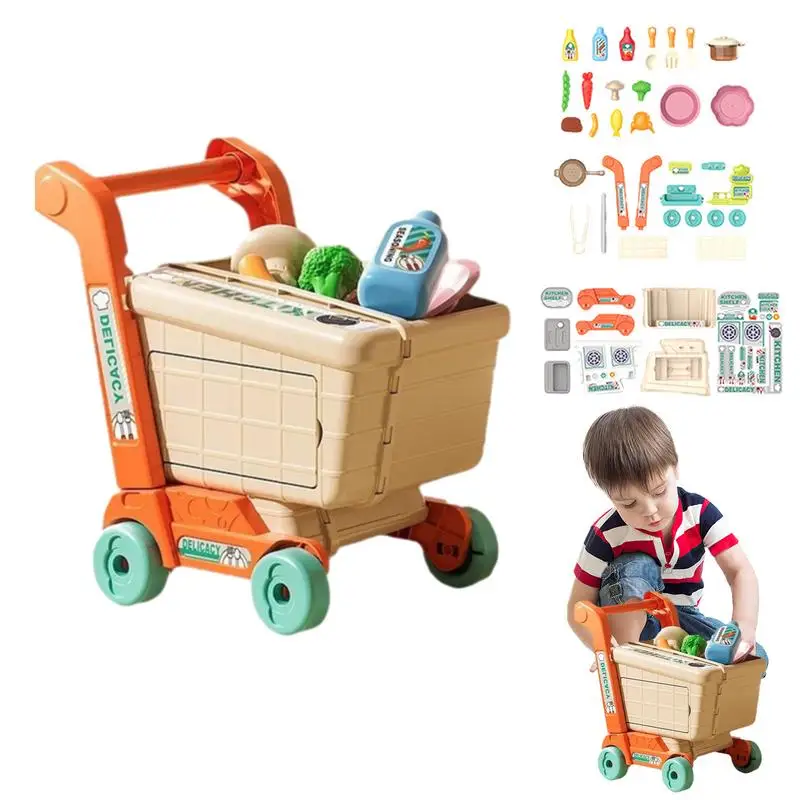 Shopping Cart Trolley Play Set Play Cart Food Pretend Shopping Set Portable Toddler Play Grocery Cart Toy For Boys And Girls