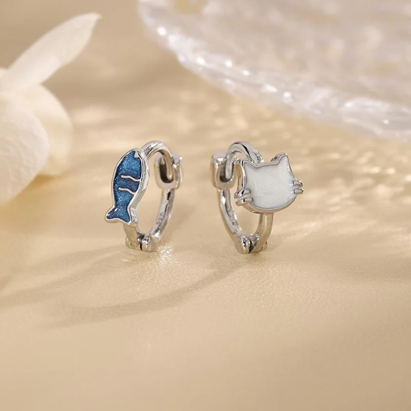 Blue White Cat Fish Ear Buckle Cute New Style Earrings with Ocean Theme Ear Jewelry Asymmetric Earrings For Women KOFSAC view 3