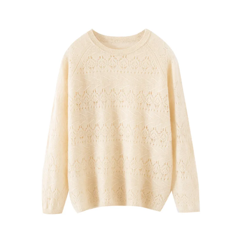 

Женский пуловер из 100% чистого кашемира, повседневный вязаный свитер свободного кроя с круглым вырезом, топы, высококачественный люксовый брендовый джемпер с ажурным узором