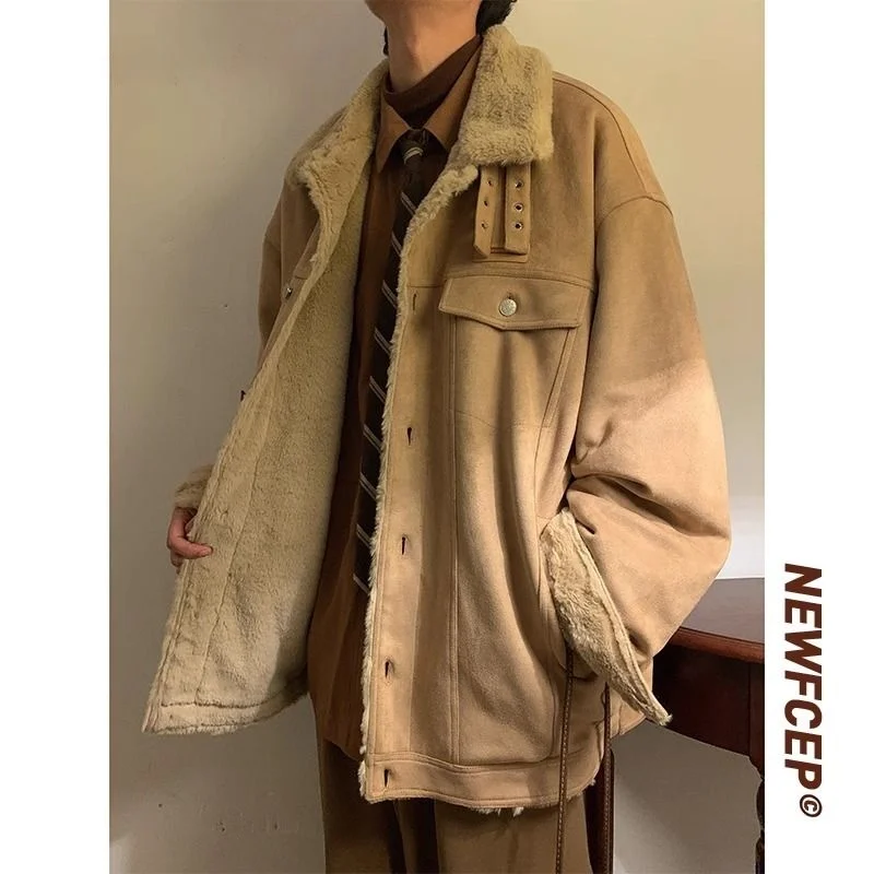 Retro Japanese Style Lamb Cotton Jacket Men's Thickened Warm Coat with Stand Collar Loose Fit Autumn Winter Outerwear