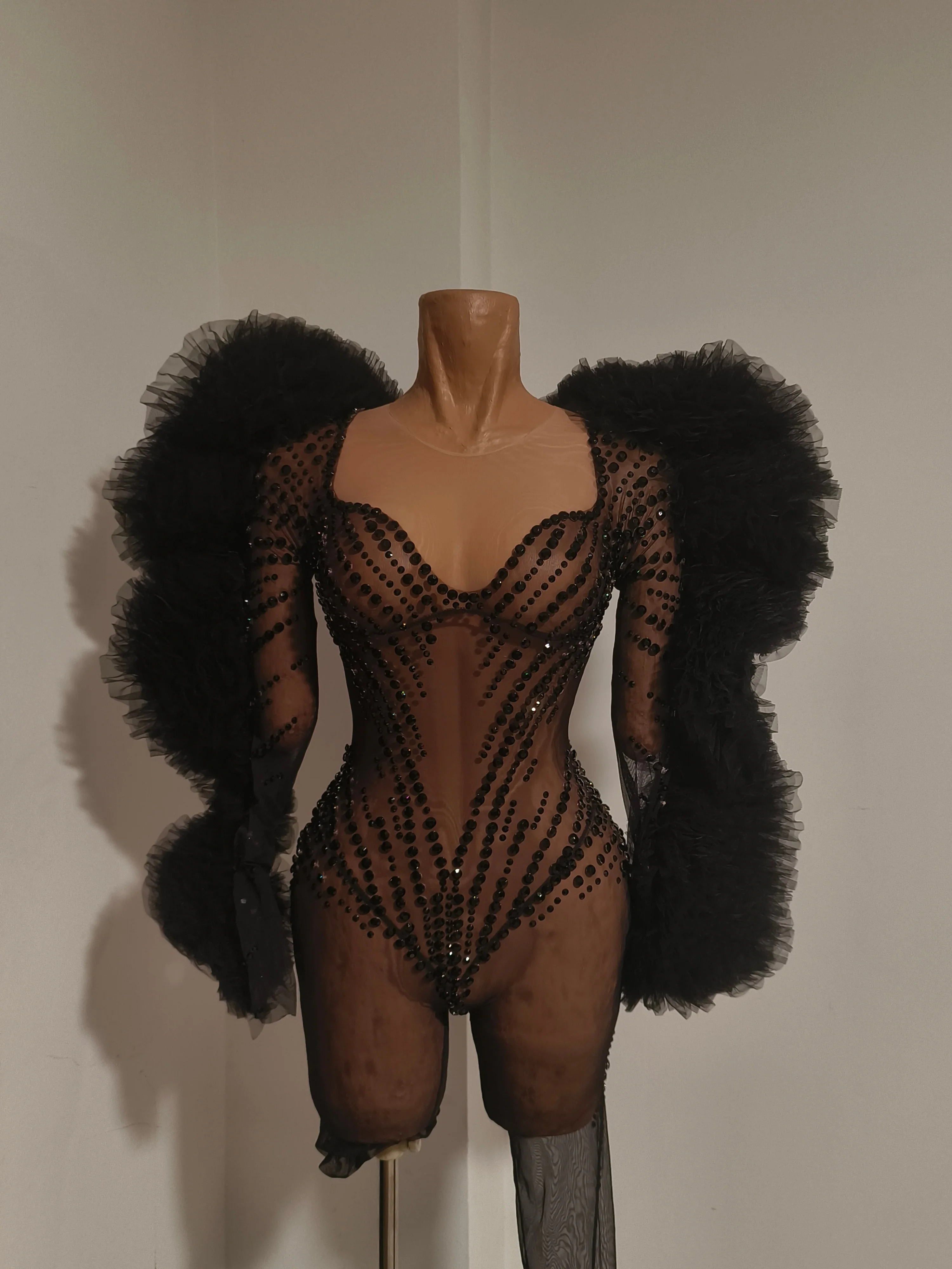 

Black Luxurious Sparkly Rhinestones Bodysuit Sexy Clubwear Performance Costume Women Sparkly Night Out Birthday Party Outfit