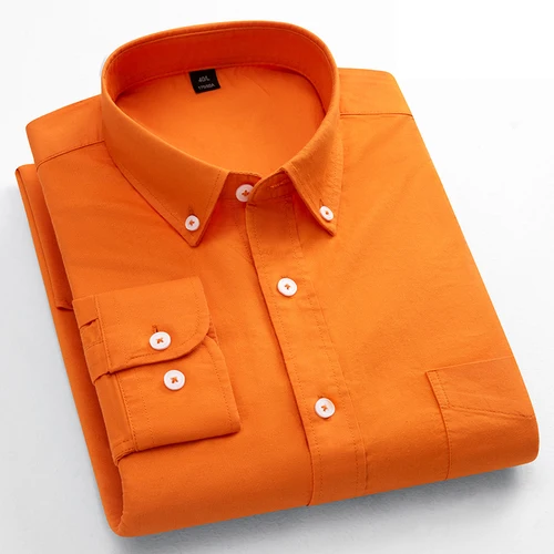 Imagen 1 del producto Camisa de manga larga de algodón 100% de ajuste clásico para hombre, top informal ajustado con un solo bolsillo, ropa de oficina Oxford suave de color sólido