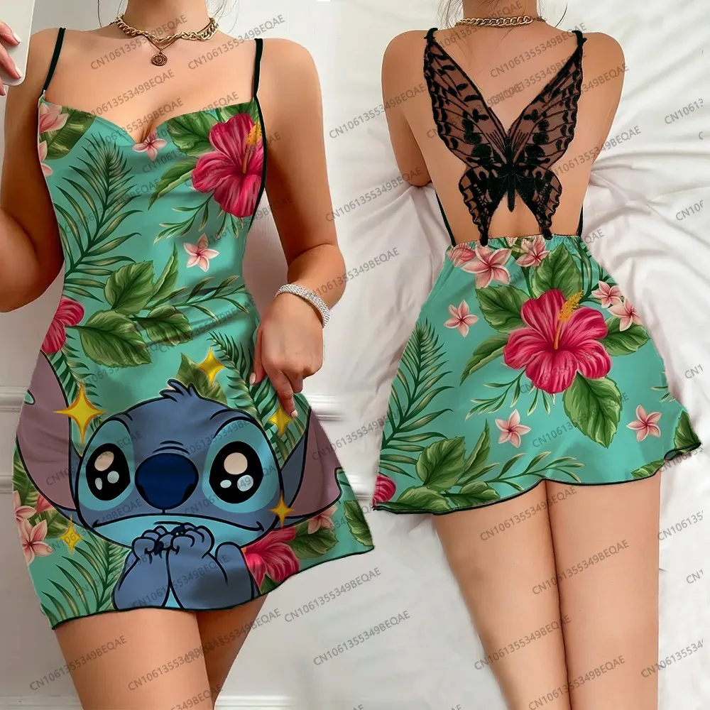 Summer Elegant Backless Party Dress for Women Sleeveless Butterfly Lace Cartoon Stitch Print Skirt Sexy Suspender Nightdress