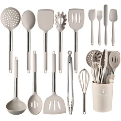 15pcs Silicone Kitchenware Set Stainless Steel Handle Cooking Utensils Spatula Spoon Food Clip Kitchen Tool with Storage Bucket