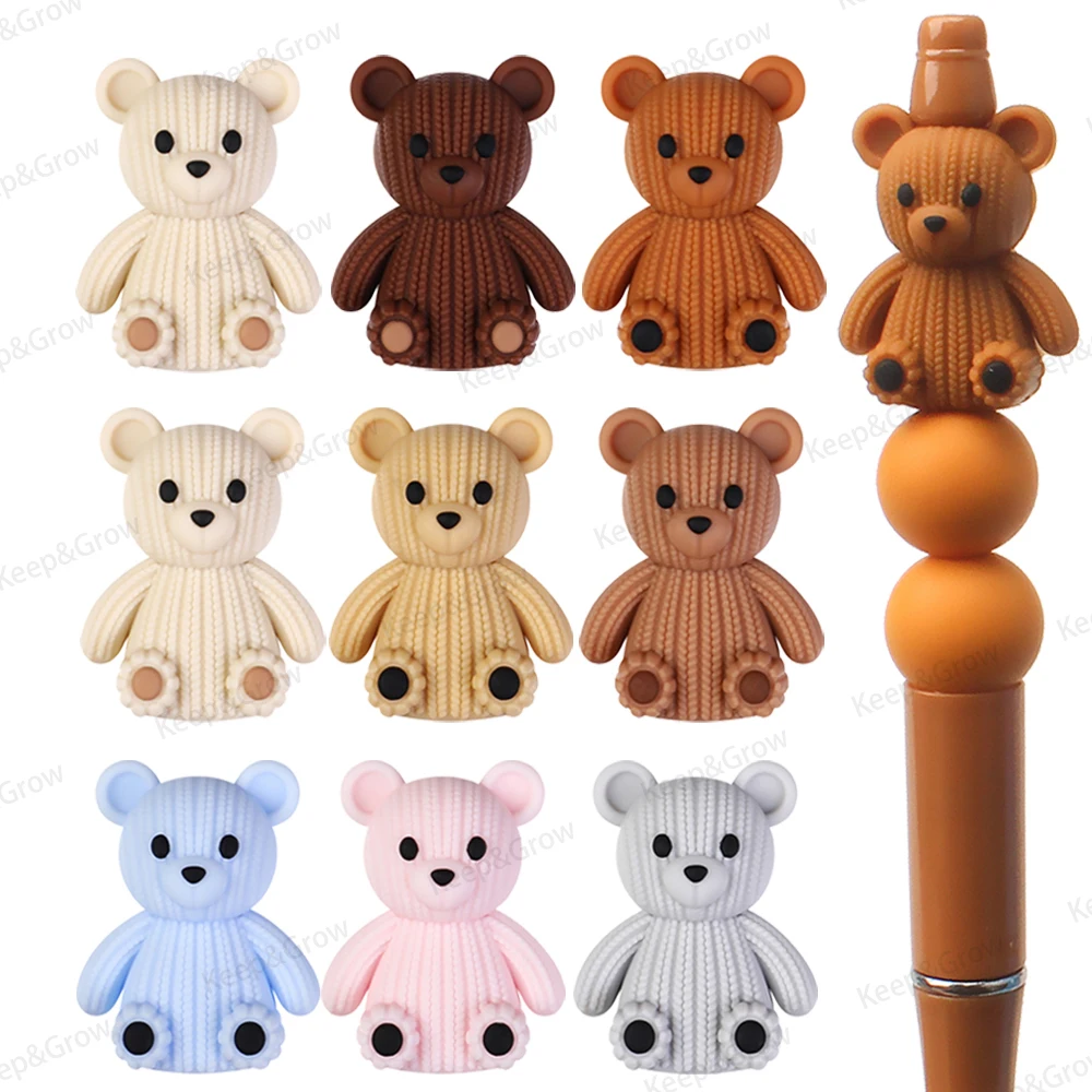 5/20/50Pcs Cute Bear 3D Silicone Beads Stripes Knitted Pattern Bear Shape Focal Beads for Jewelry Making DIY Keychian Bracelets