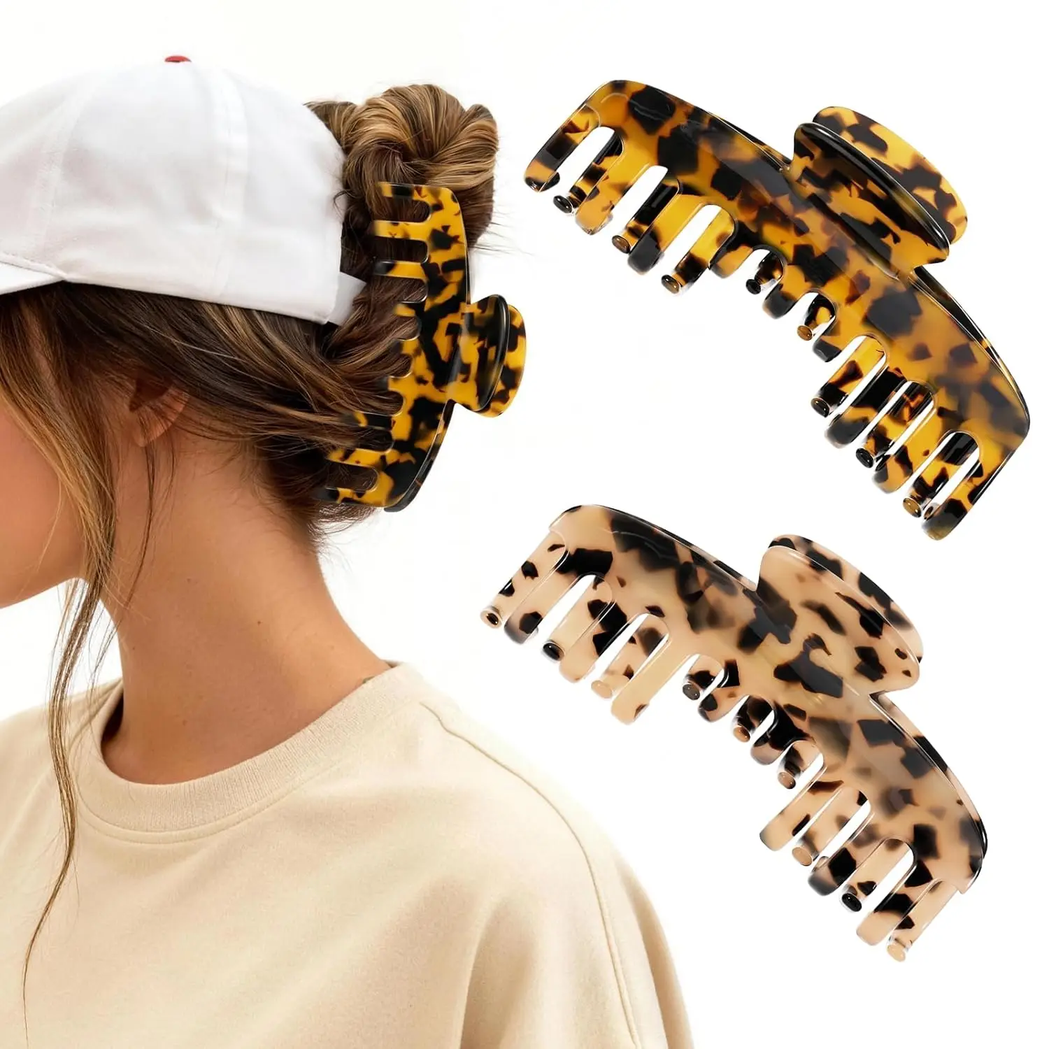

2 Pcs Large Hat Claw Clips for Women, Trucker Hat Hair Clips for Baseball Cap, Acetate Non-Slip Strong Hold Hat Hair Claw Clips, Fit for Thick Thin Hair, Tortoise Shell (updated version)