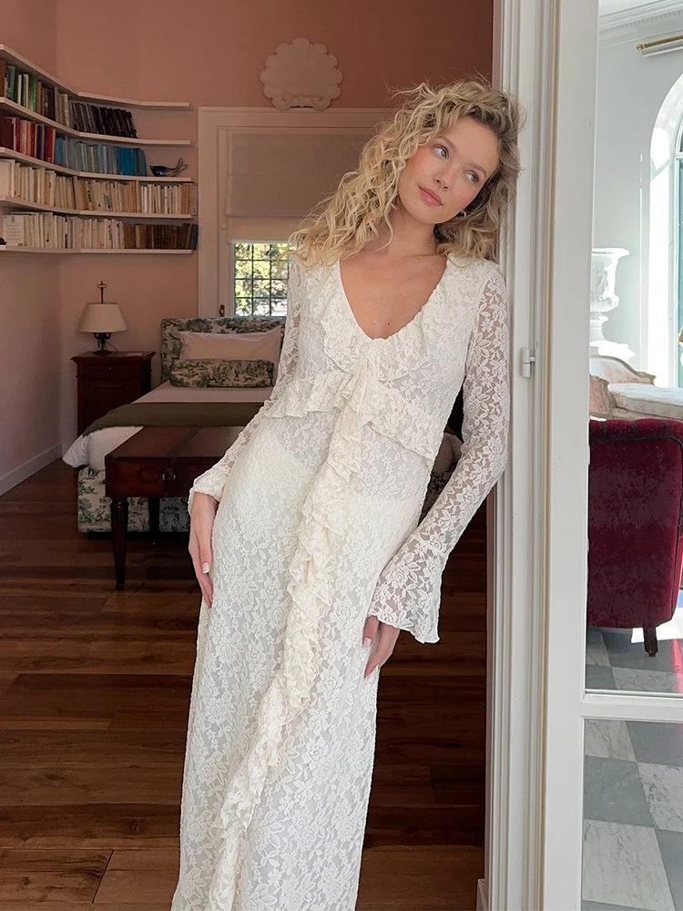 

Solid Ruffle Lace Full Sleeve Dress Women Elegant V-neck Full Sleeveless High Waist Dresses 2025 New Summer Commute Street Wear