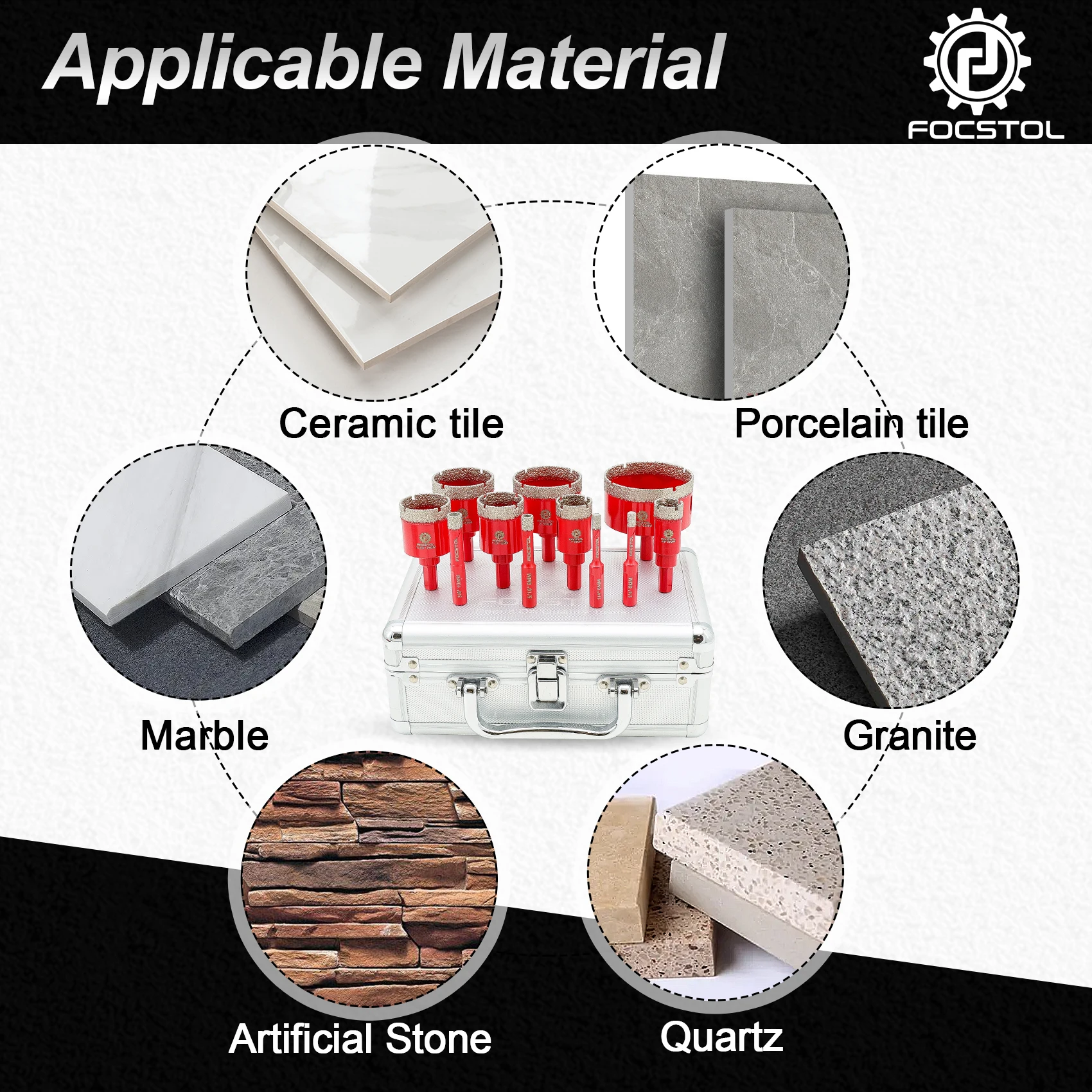 FOCSTOL Diamond Tile Drill Bit Set - 6/6/8/10/20/25/32/35/45/50/65mm Triangular Shank for Porcelain Tile Ceramic Granite Marble