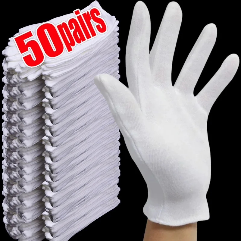 

1/50pairs White Cotton Work Gloves for Dry Hands Handling Film SPA Gloves Ceremonial High Stretch Gloves Household Cleaning Tool