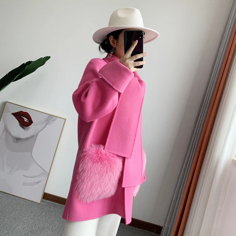 2022 High End Brand Fox Fur Pocket Double Sided Woolen Cashmere Coat Women Long Scarf Collar woolen coat