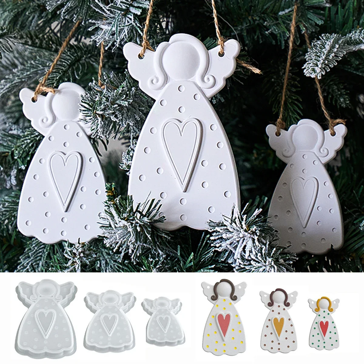 DIY Faceless Angel Silicone Mold Christmas Tree Hanging Ornament Plaster Concrete Resin Mould Heart Dot Texture Dress Girl Craft