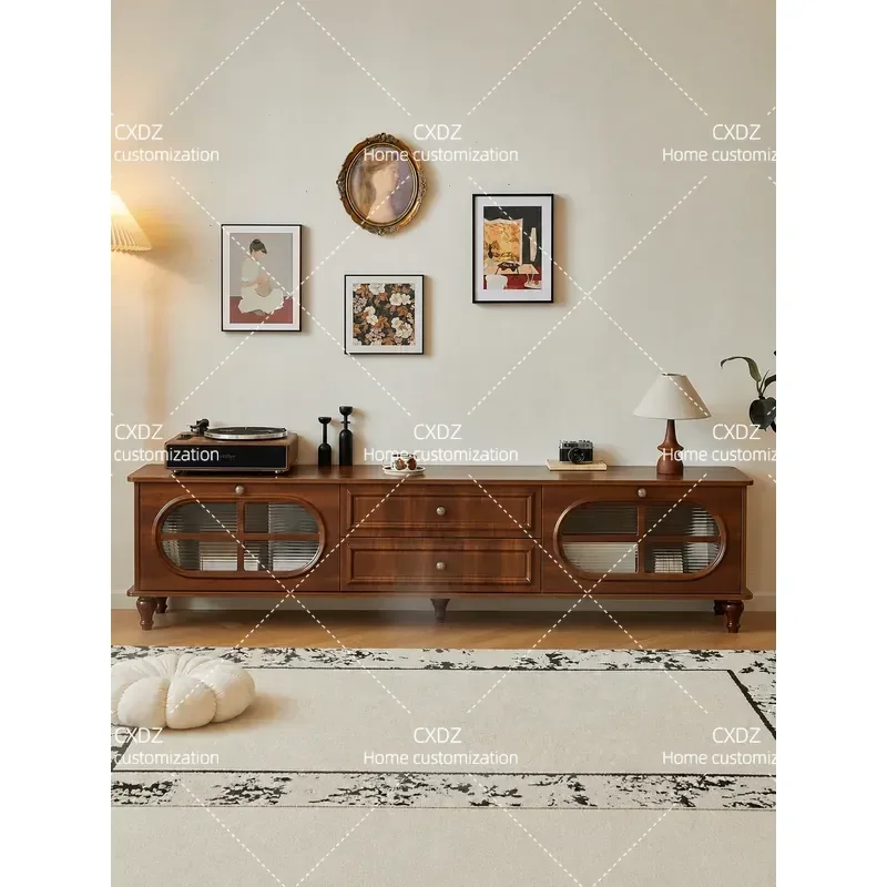 French Solid Wood TV Cabinet Antique Living Room Storage Locker Integrated Floor Side Cabinet Household Retro Floor Cabinet