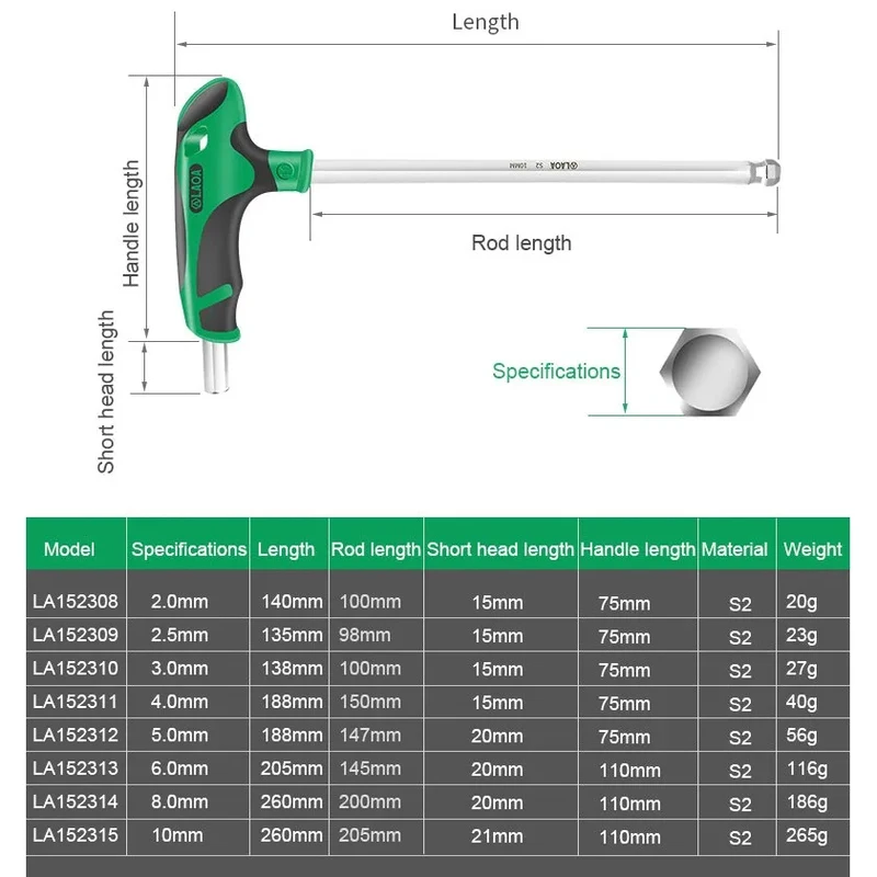 1pc LAOA Ball Head T-shape Hex Wrench 2-10MM S2 Hex Key 58HRC Hexagon Screwdriver Socket Screw Wrench Spannner