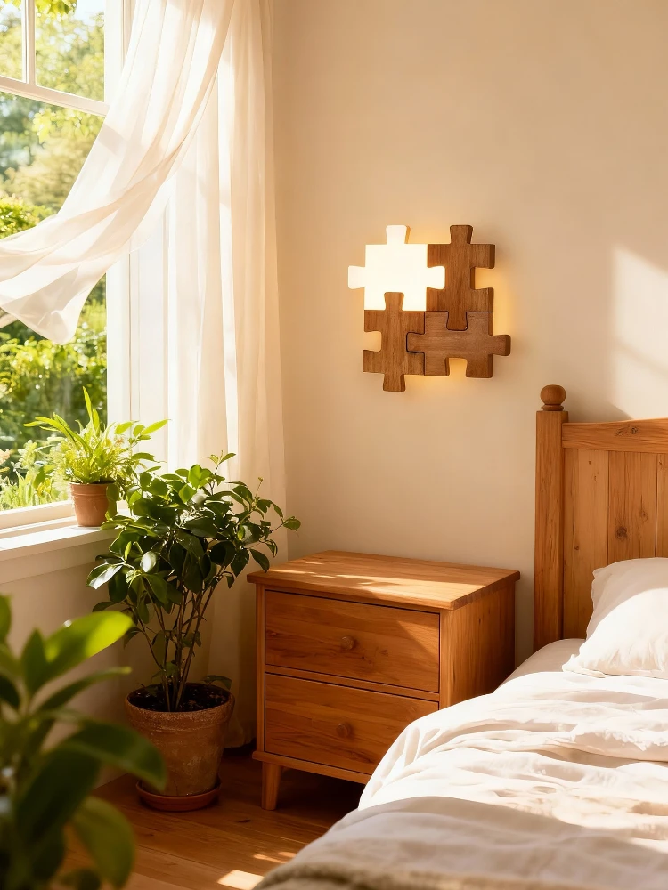 Nordic Wood LED Wall Lamp Building block puzzle light Creativity LED Sconce Lights Living room decor wall light Bedroom Bedside