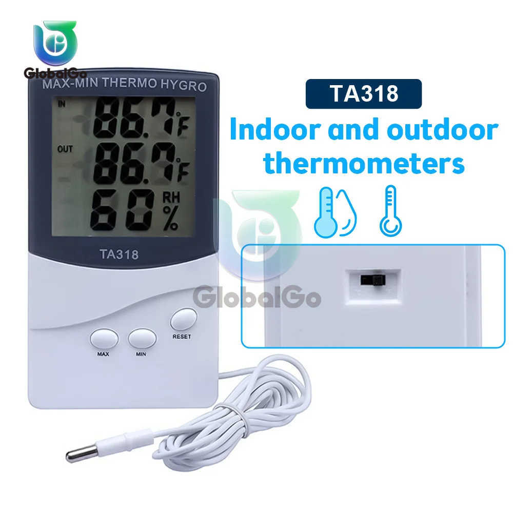 TA318 LCD Digital Humidity Temperature Meter 1.5M Probe Indoor Outdoor Weather Station Sensor Tester Thermometer Hygrometer