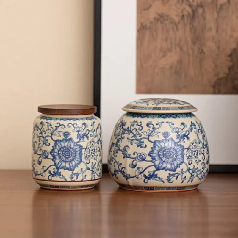 الإبداعية الضوء الأزرق زهرة الكرمة شاي سيراميك جرة مع غطاء خشبي مقاوم للرطوبة مختومة جرة تخزين زجاجة الحلوى الغذاء الحاويات