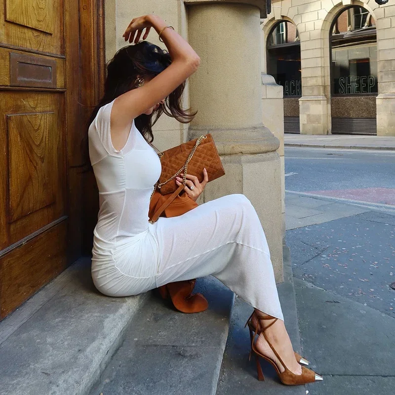 Abito da donna patchwork in rete trasparente tinta unita con scollo tondo, abito da festa elegante estivo con pieghe termoretraibili