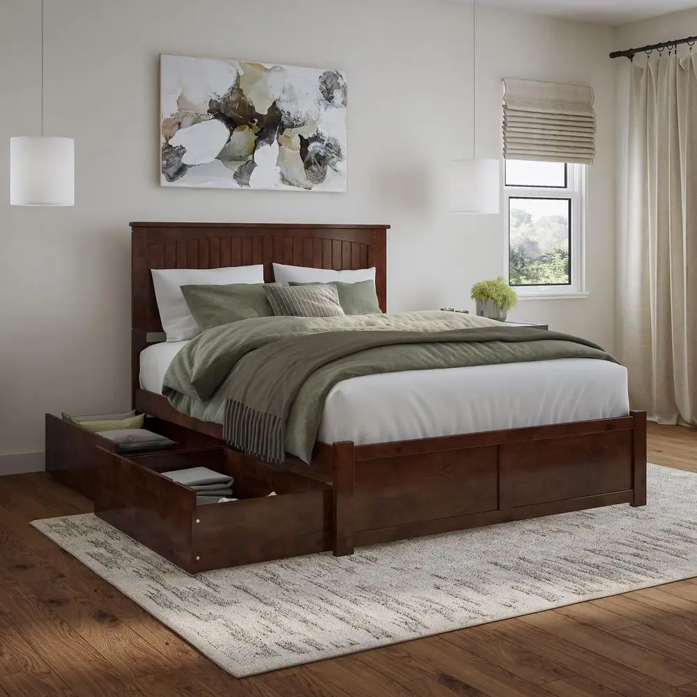 

Nantucket Queen Platform Bed with Footboard amp Storage Drawers, Walnut