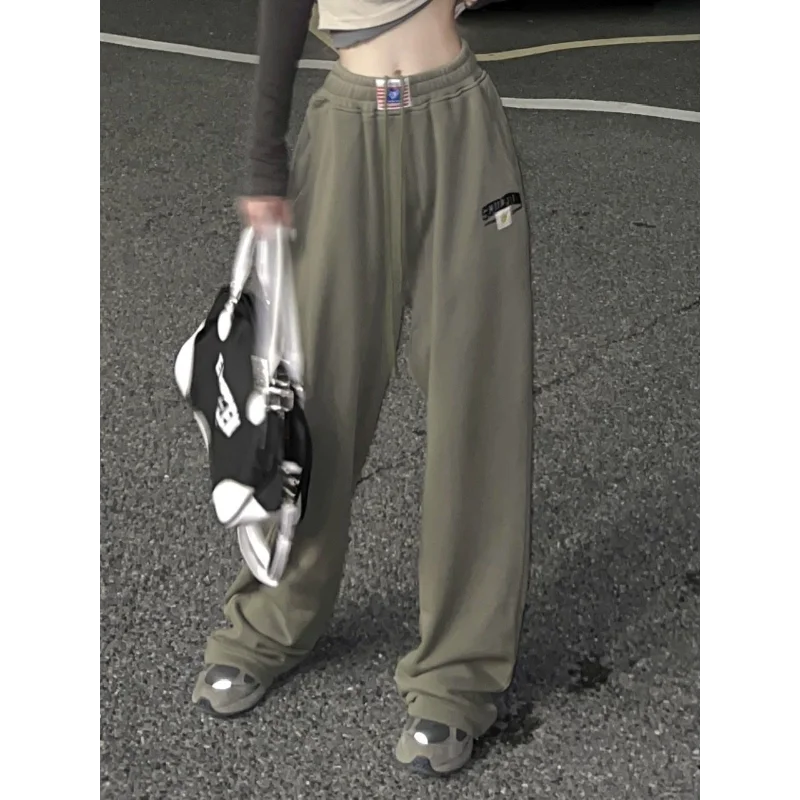 American Retro Cuffed Pants Women Summer High Waist Straight Wide Leg Casual Sport Pants