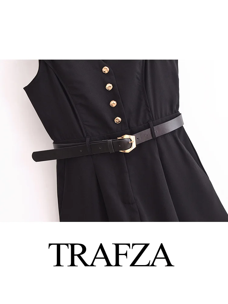 TRAFZA ฤดูร้อนผู้หญิงแขนกุดซิปด้านข้างเข็มขัดตกแต่งสั้น Jumpsuit หญิง Elegant สีดํา Single-breasted V คอ Jumpsuit