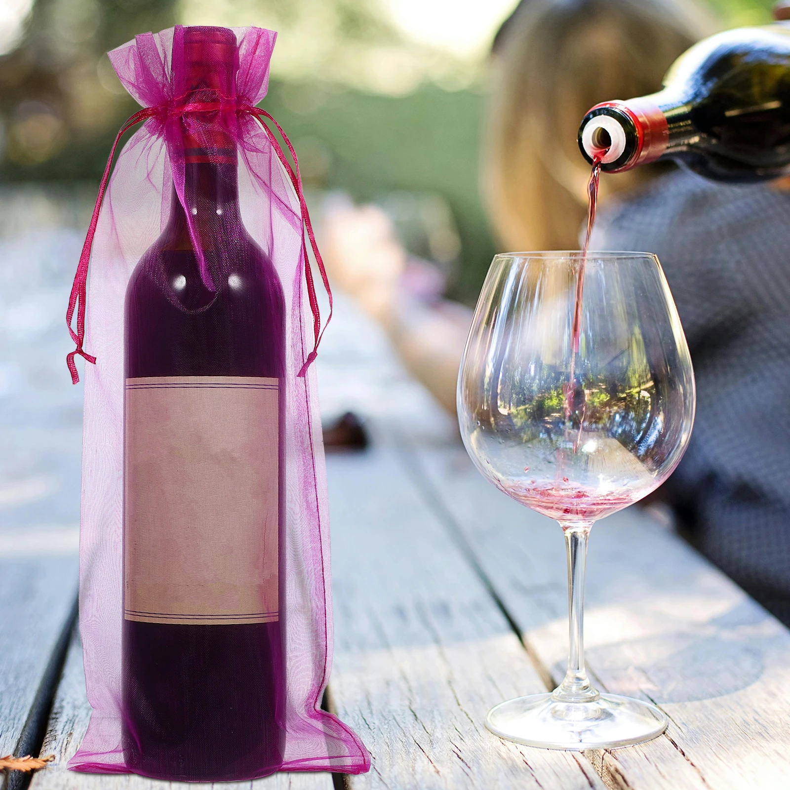 

10 Pcs Packaging Bag 37x15cm Drawstring Sheer Organza Rosy Bottle Cover Bottle Wrap Gift Wedding Party Bags