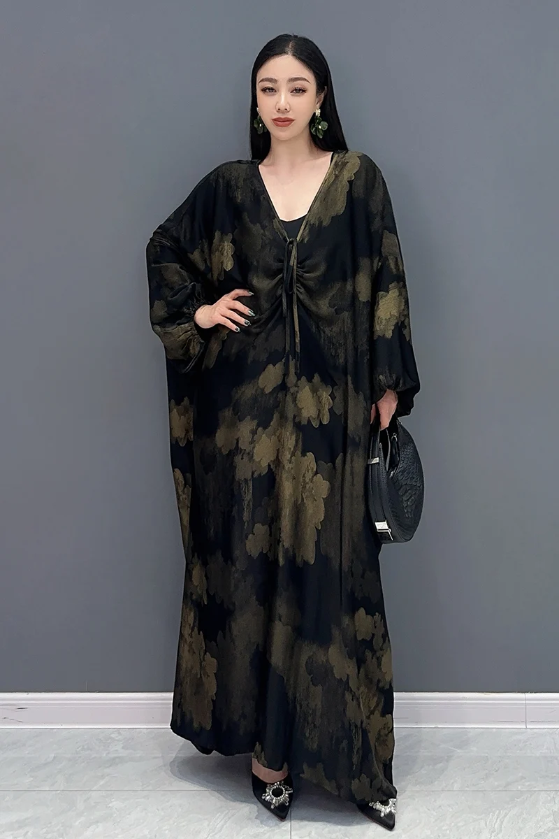 Summer New Elegant V Neck Women Printed Vintage Loose Long Dresses Female Fashion Batwing Sleeve Dress Wholesale