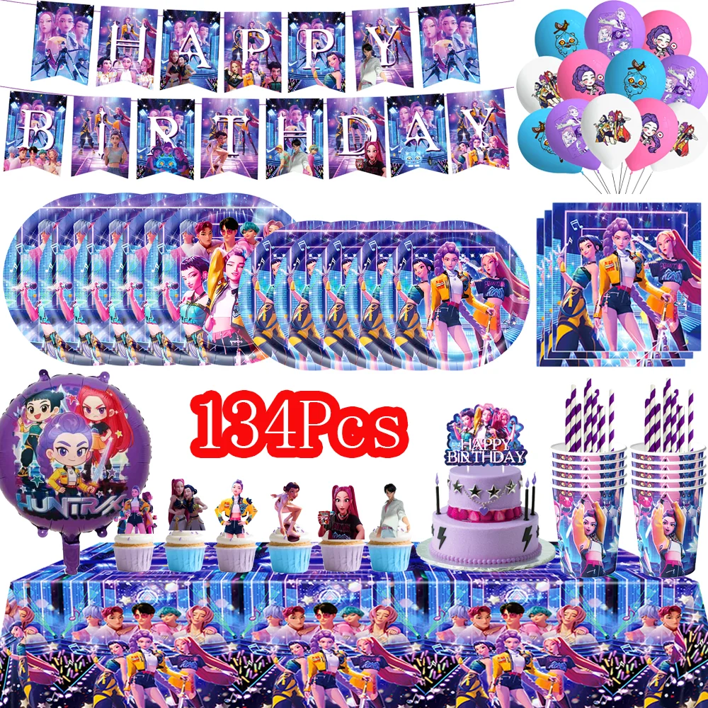 Décorations de fête d'anniversaire Kpop Demon Hunters, nappe, gobelets, assiettes, cadeaux de fête prénatale, porte-clés anime coréen pour enfants