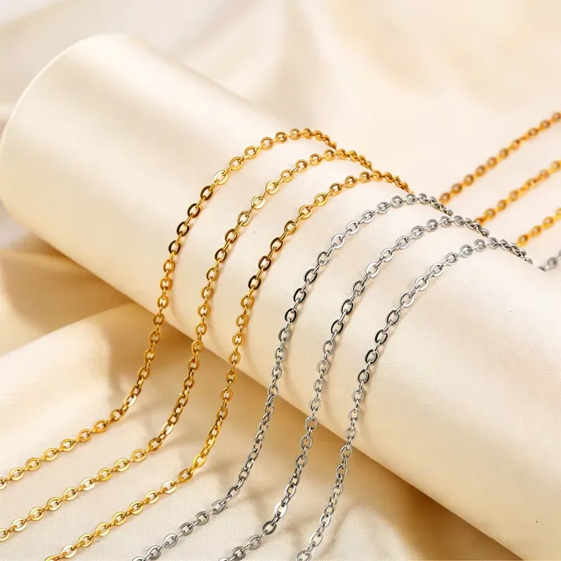 Collar Largo de Cadena Rolo Delgada con Eslabones en Forma de O, Chapado en Oro de 18K, de Acero Inoxidable, para Mujer, Longitud de 40/45/50 cm, Delicado y a la Moda