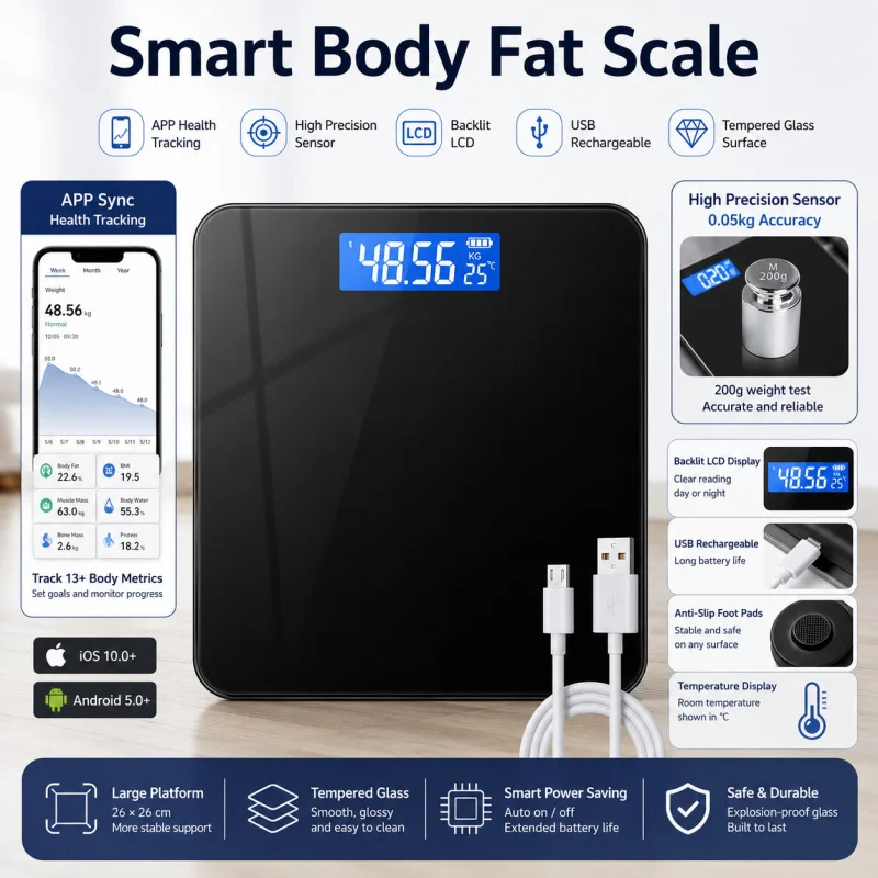 

Bluetooth Smart Weight Scale - Precise Intelligent Digital Wireless Weight Scale. USB Rechargeable Smart Bathroom Scale Forhands