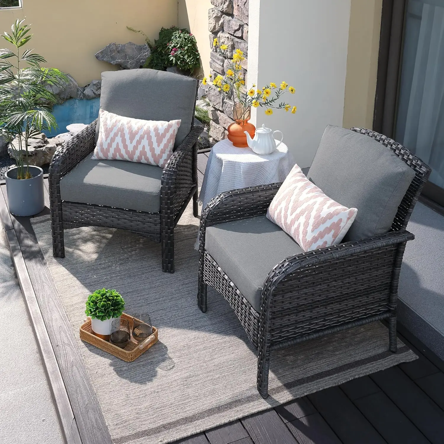 ovios 2 Pieces Patio Furniture Set, Outdoor Wicker Chairs of 2, All Weather High Back Rattan Chairs 2 Seats with Comfy Cushions