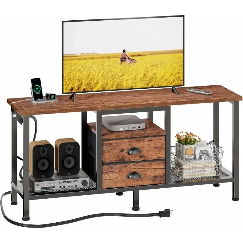 

TV Stand with Power Outlets and 2 Fabric Drawers, 42 Inch Small Entertainment Center with Open Storage Shelves, Simple TV