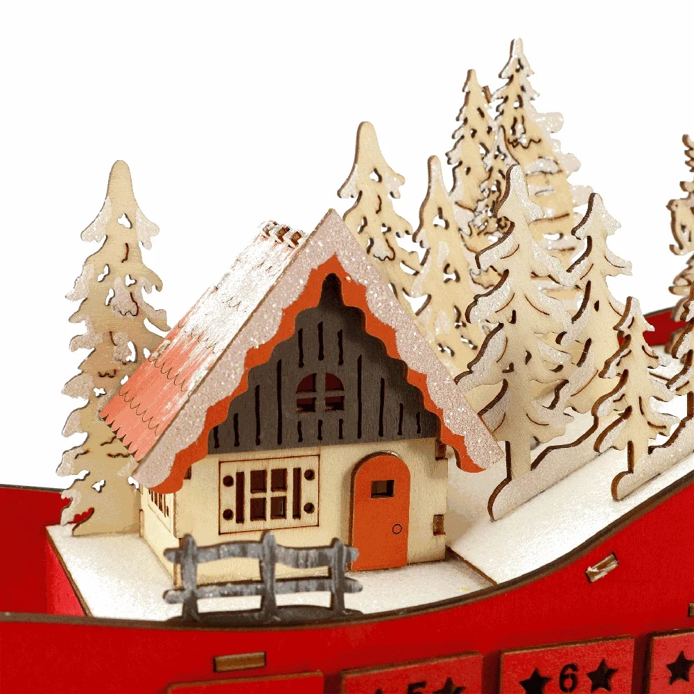 Wooden Advent Calendar with 24 Storage Drawers Christmas Sleigh Countdown Calendar with LED Lights Christmas Tree Party Decor - Image 4