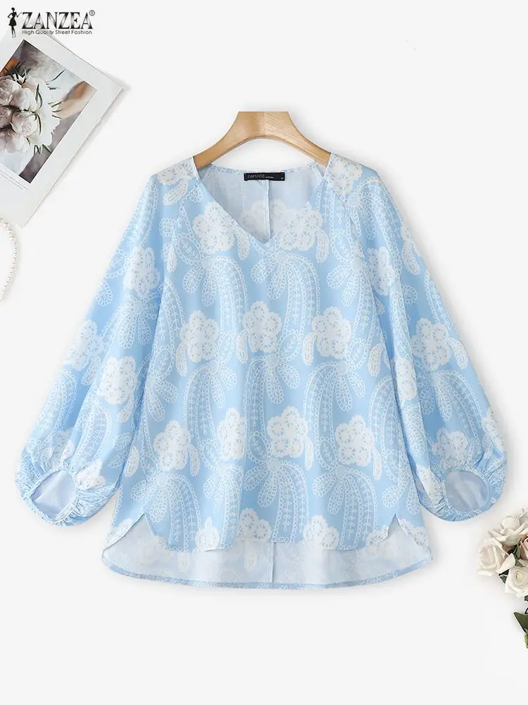 ZANZEA Camicetta casual con stampa vintage Donna Top a maniche lunghe 2025 Autunno con scollo a V Manica a lanterna allentata Camicie moda Blusas Femme