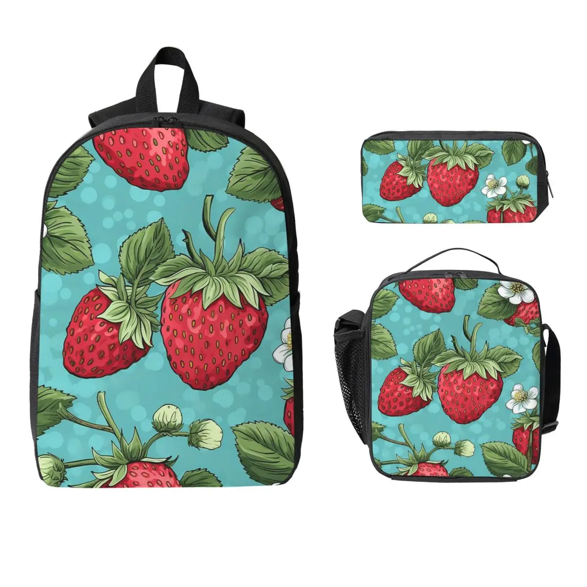 Beautiful Highly Stylized Strawberry With Flowers Backpack Boys Girls BookBag School Bag 3ps Insulated Lunch Bag Pencil Case