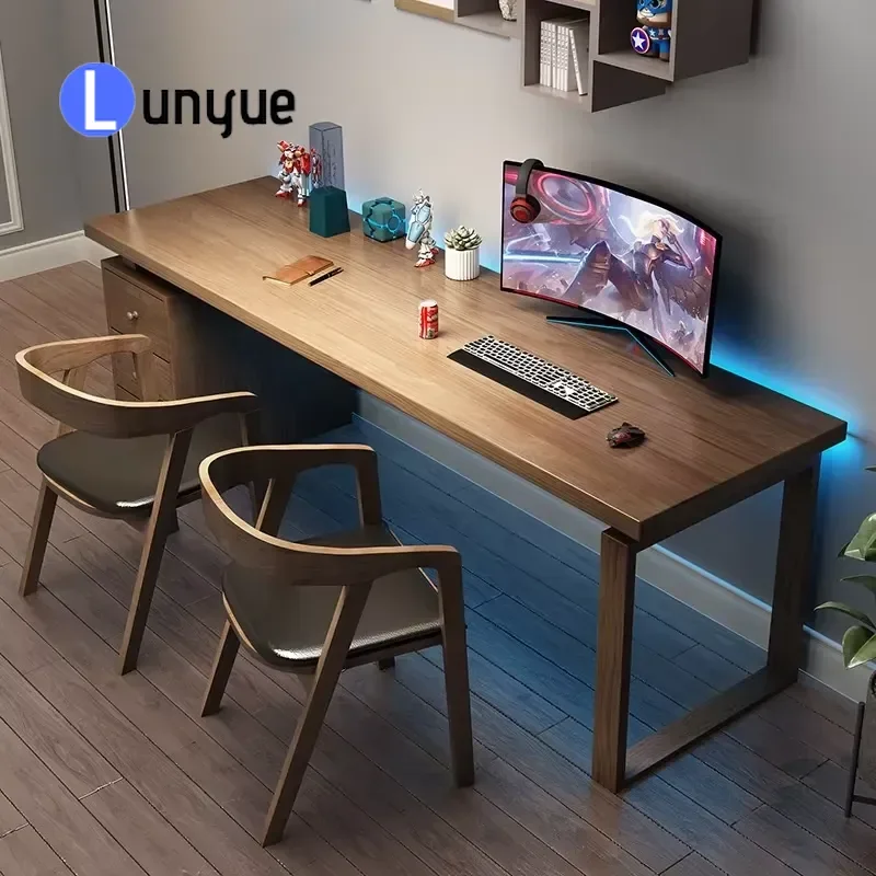 Modern Double Solid Wood Computer Desk with Bookcase All-in-One Study Work Table Long Writing Desk for Home Office