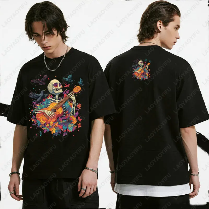 Trendy Skeleton Play Guitar Shirt with Crow Rock Band Graphic Cotton Tee Skull Shirt for Men Retro Trend Cool Street T Shirts