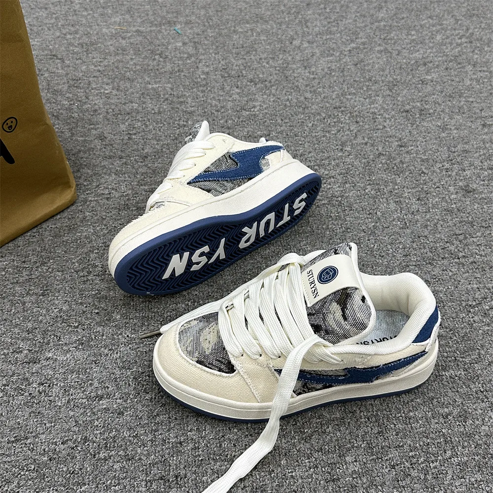 Classic Hong Kong Style Thick Bottom Bread Shoes Men's Casual Dequan Blue Denim Trendy 2025 New Model Student Leisure Shoes