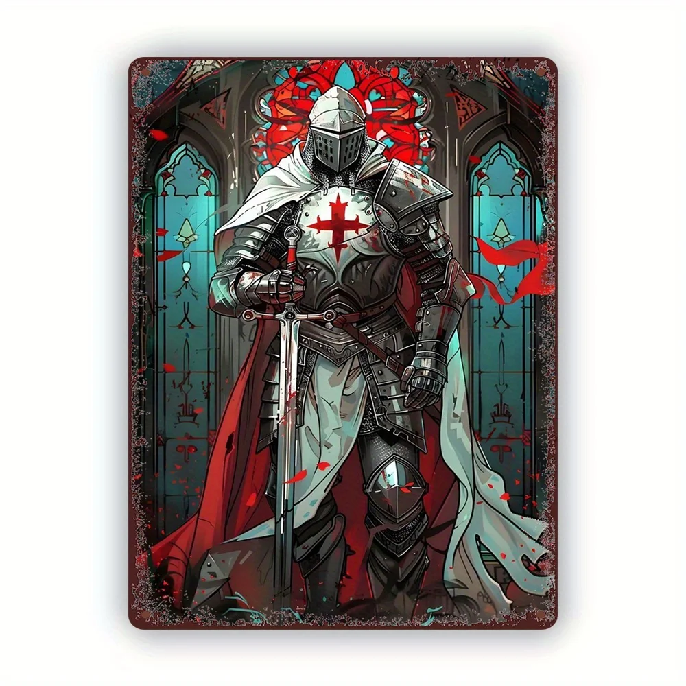 Vintage Knight in Armor Metal Sign - Stained Glass Church Scene, Detailed Iron Art Decor, , Inspirational Wall Art|Detailed Artw