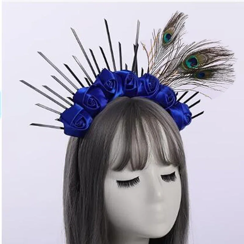 NEW Peacock Feathers Rosebud Gold Spike Halo Crown  Headpiece  Wedding Bride Hair Band Tiara