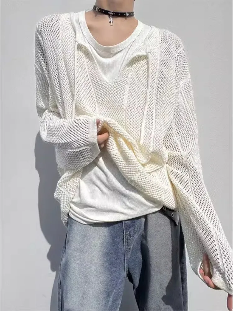 

Мужская футболка Cleanfit белая, ажурная, вязаная, с длинным рукавом, свободного кроя, с защитой от солнца, в корейском стиле, повседневная, из полиэфирного волокна