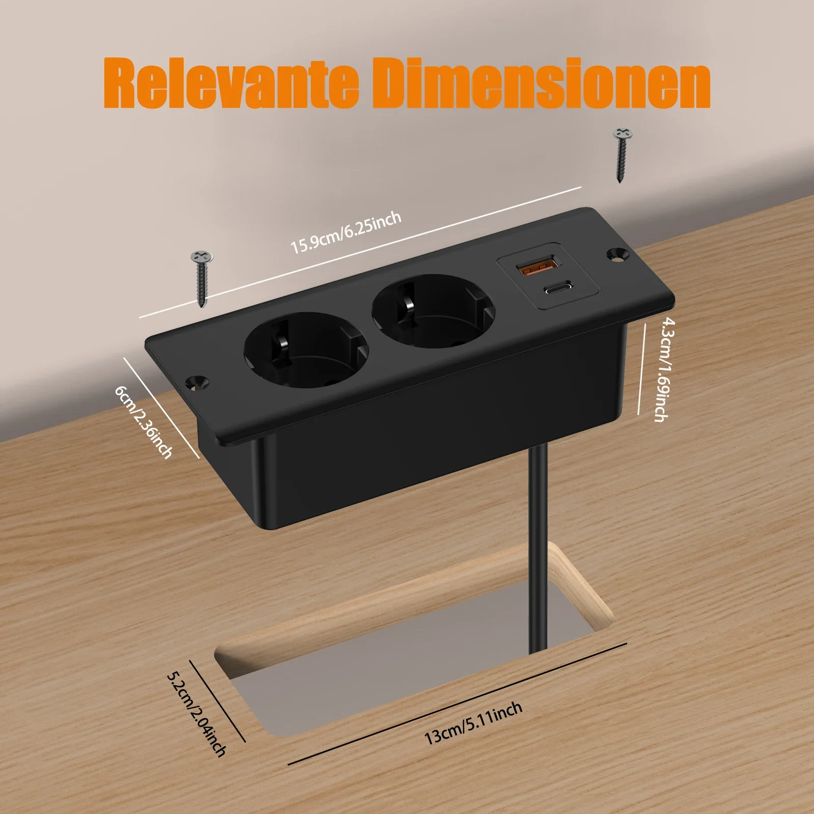 HITRENDS EU desktop built-in power strip 110~250V 2 AC power sockets 2 USB 1 Type-C desk power socket with 2m cable extension