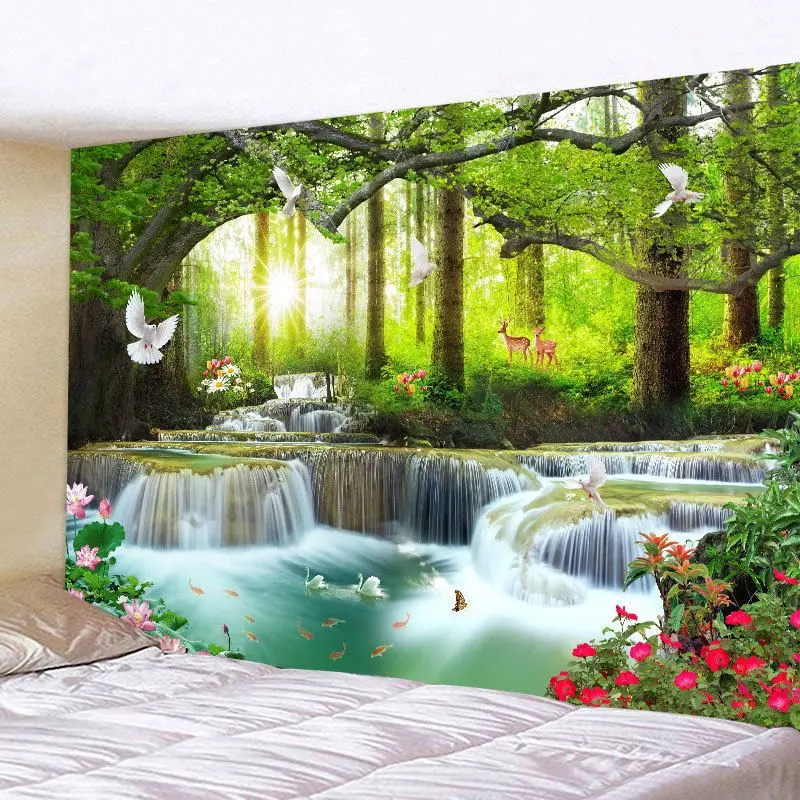 VIKAMA Snow Mountain Sunset Purple Flower Wall Tapestry Pink Cloud Sky Green Hill Valley Wildflower Nature Landscape Scenic Soft