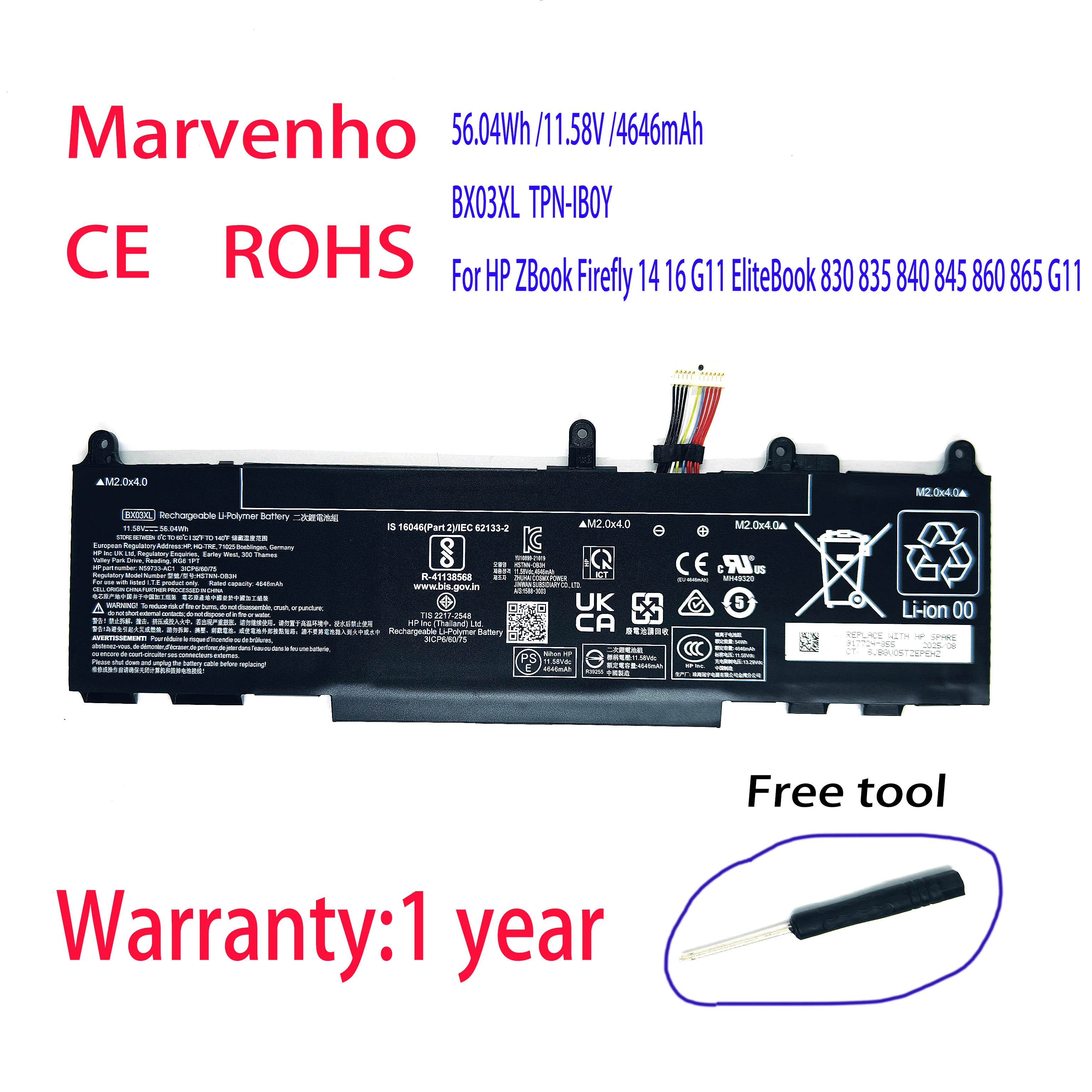 New Marvenho 56.04Wh 11.58V 4646mAh BX03XL Laptop Battery For HP ZBook Firefly 14 16 G11 EliteBook 830 835 840 845 860 865 G11