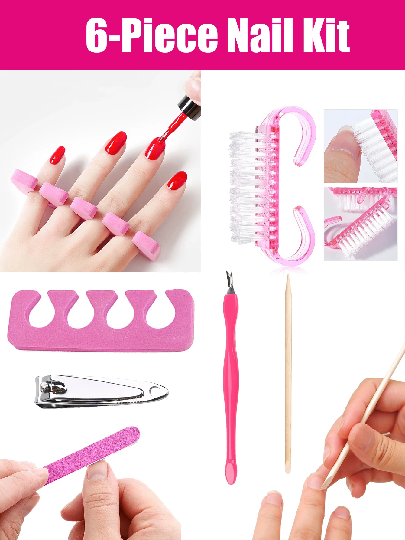 Professional 6-Piece Nail Art Tool Kit - Complete with Toe Separator, File, Buffer, Cuticle Pusher & Callus Remover