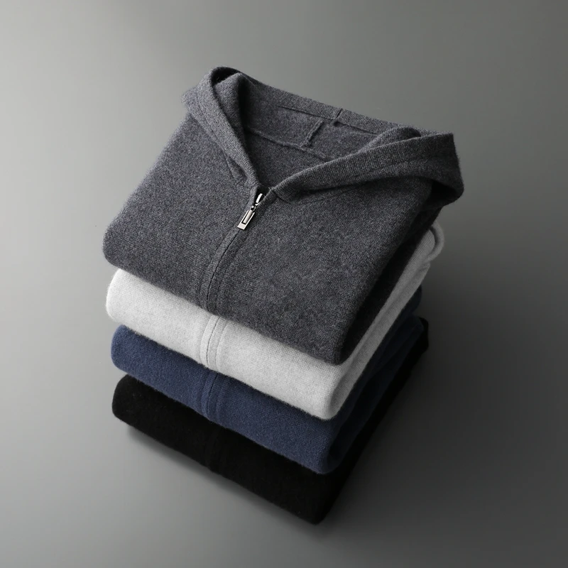 Luxury Men 100% Cashmere Hooded Sweater Cardigan Casual Cashmere Pants Set Thick Warm Knitwear Autumn Winter Jacket Hoodie Tops