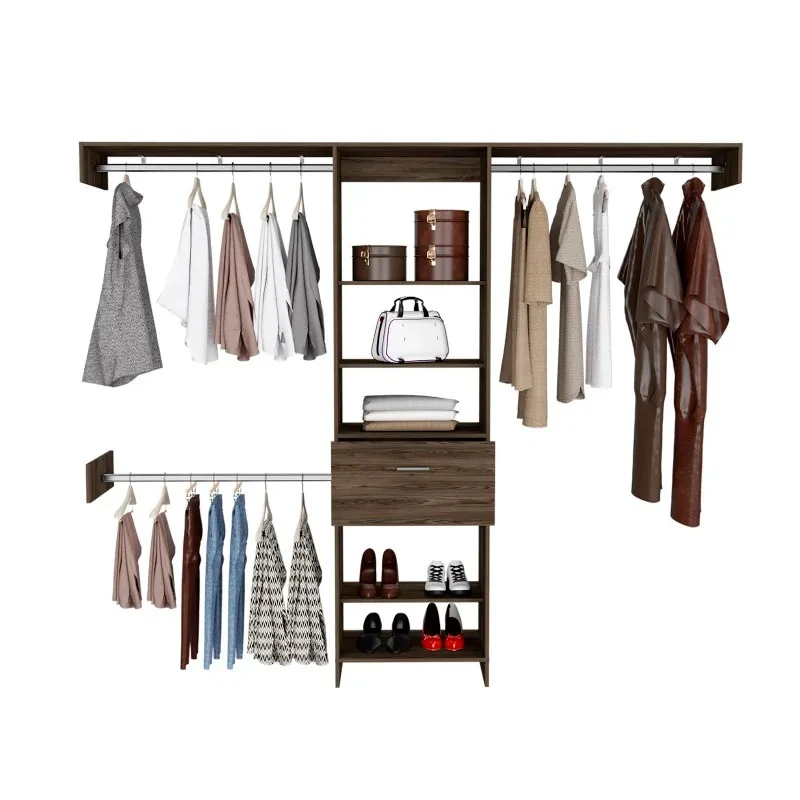 Closet system, wardrobe, clothing storage rack, five open shelves, one drawer, three metal rods