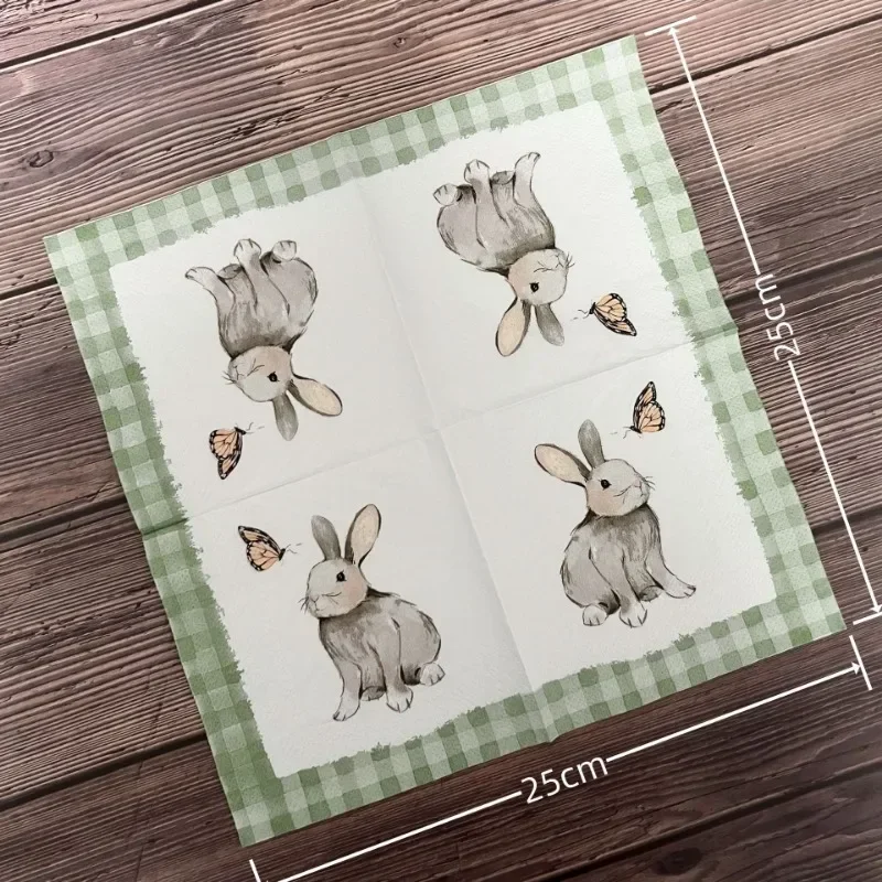 Servilletas de papel con estampado de conejo de pascua, manteles individuales de 3 capas, 25x25cm, a cuadros verdes, hecho a mano, hueso de mariposa, Bart, 20 piezas/Pac